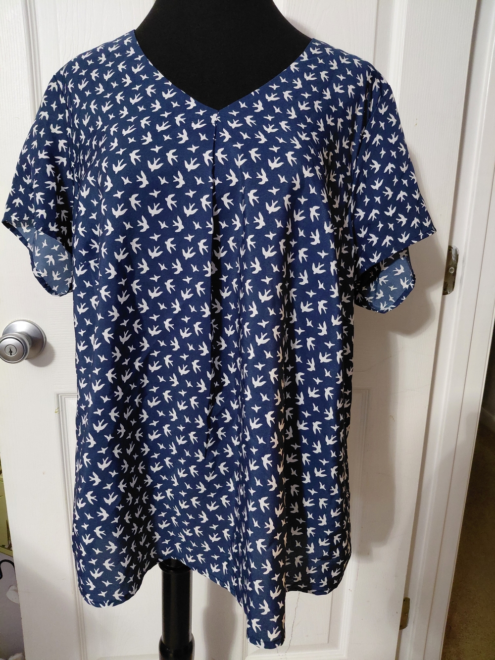 Navy Bird Print V-Neck Blouse